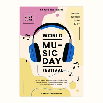 Hand drawn world music day flyer with headphones