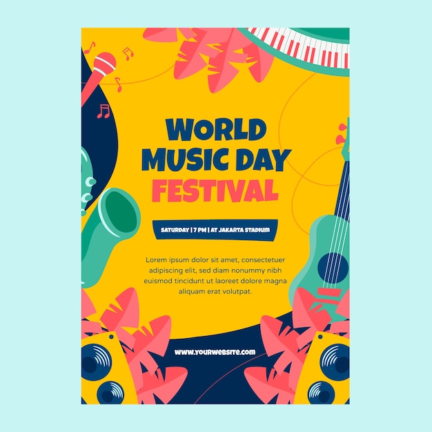 Hand drawn world music day flyer with leaves and guitar