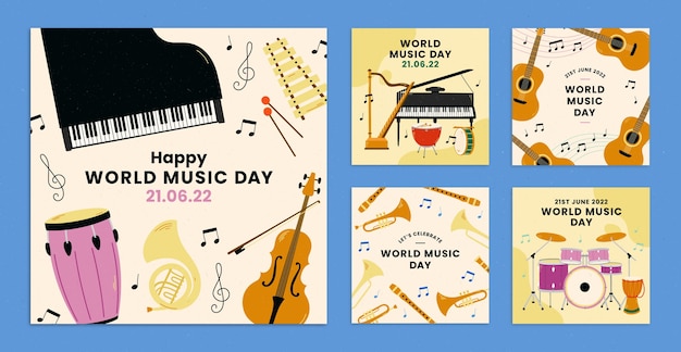 Vettore gratuito collezione di post instagram della giornata mondiale della musica disegnata a mano