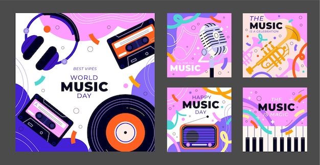 Vettore gratuito collezione di post di instagram della giornata mondiale della musica disegnata a mano