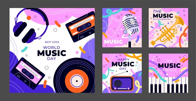 Hand drawn world music day instagram posts collection