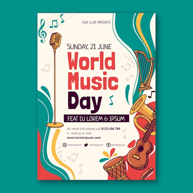 Hand drawn world music day poster template