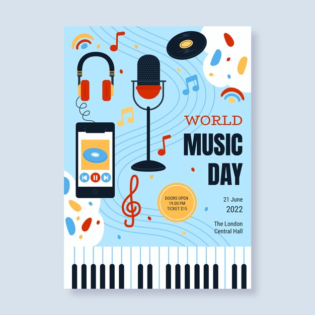 마이크와 함께 손으로 그린 세계 음악의 날 포스터