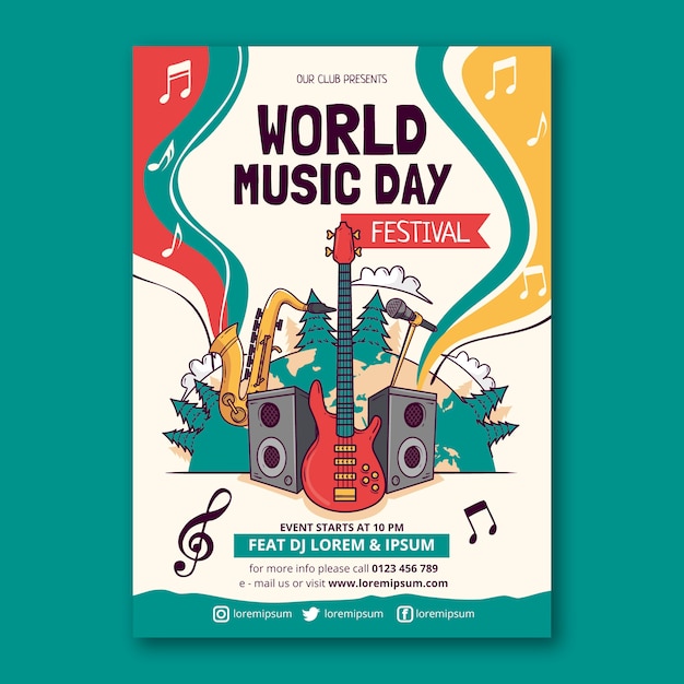 Vettore gratuito modello di poster verticale per la giornata mondiale della musica disegnata a mano