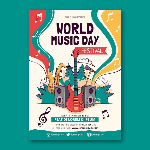 손으로 그린 세계 음악의 날 세로 포스터 템플릿