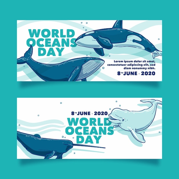 Hand drawn world oceans day banner