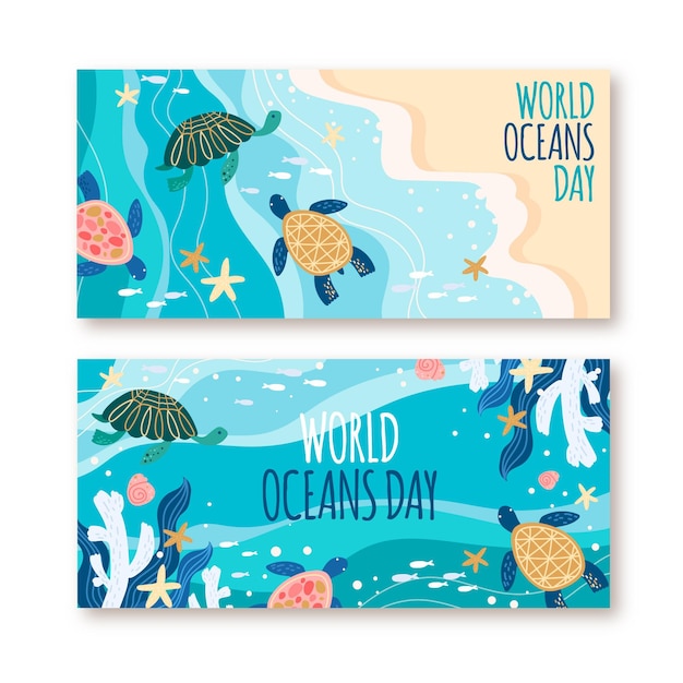 Free vector hand drawn world oceans day banners set