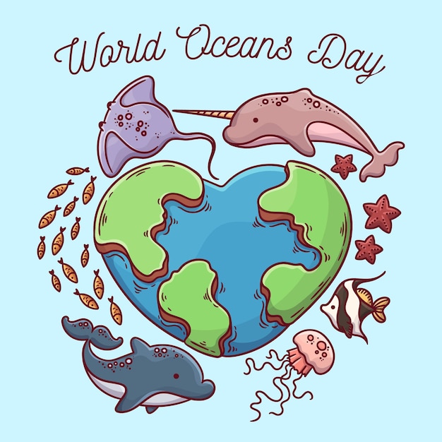 Hand drawn world oceans day concept