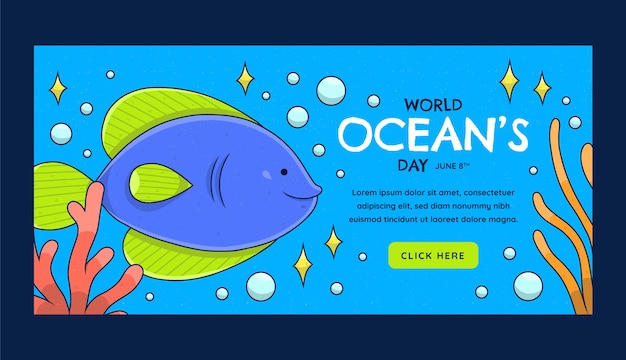 Vettore gratuito modello di banner orizzontale della giornata mondiale degli oceani disegnato a mano