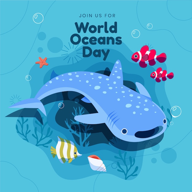 Free vector hand drawn world oceans day illustration with shark