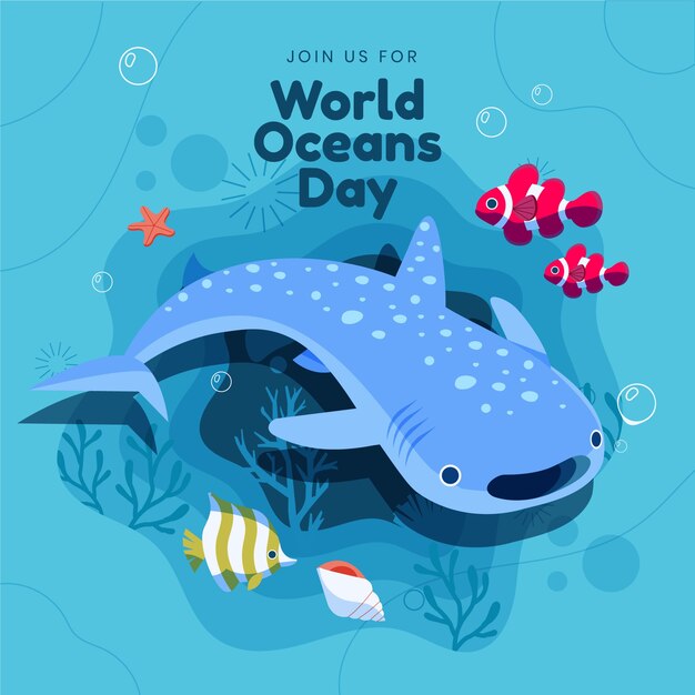 Hand drawn world oceans day illustration with shark
