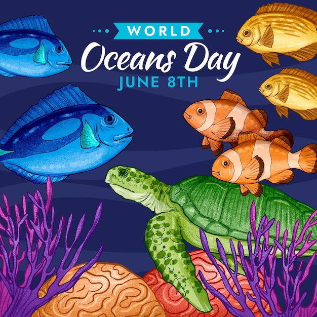 Hand drawn world oceans day illustration