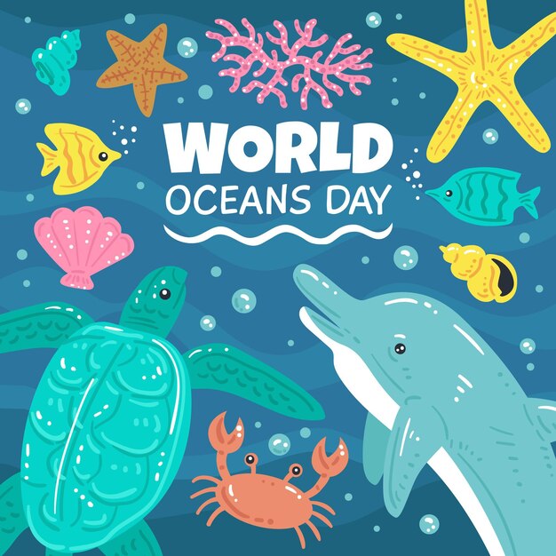 Hand drawn world oceans day illustration