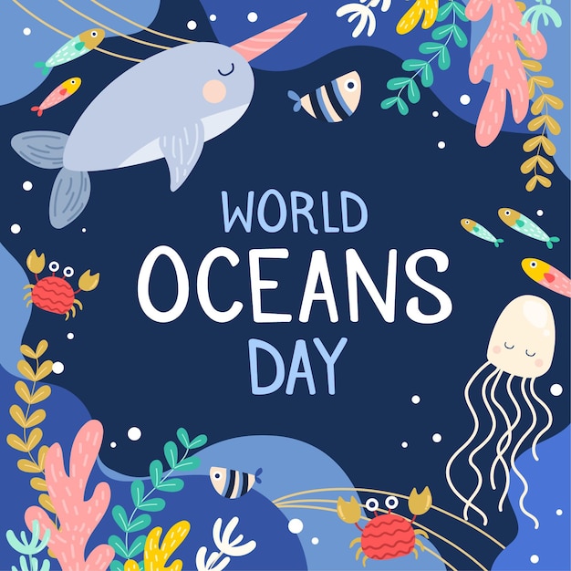 Vettore gratuito illustrazione disegnata a mano della giornata mondiale degli oceani