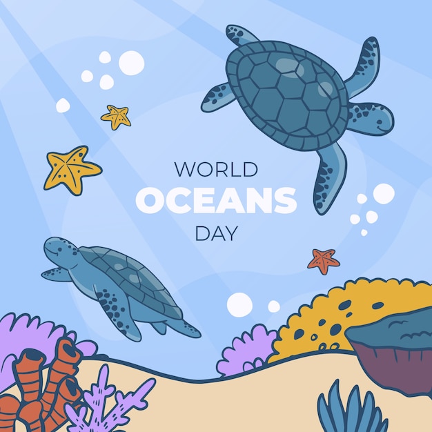 Vettore gratuito illustrazione disegnata a mano di giornata mondiale degli oceani