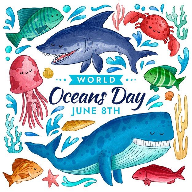 Hand drawn world oceans day illustration