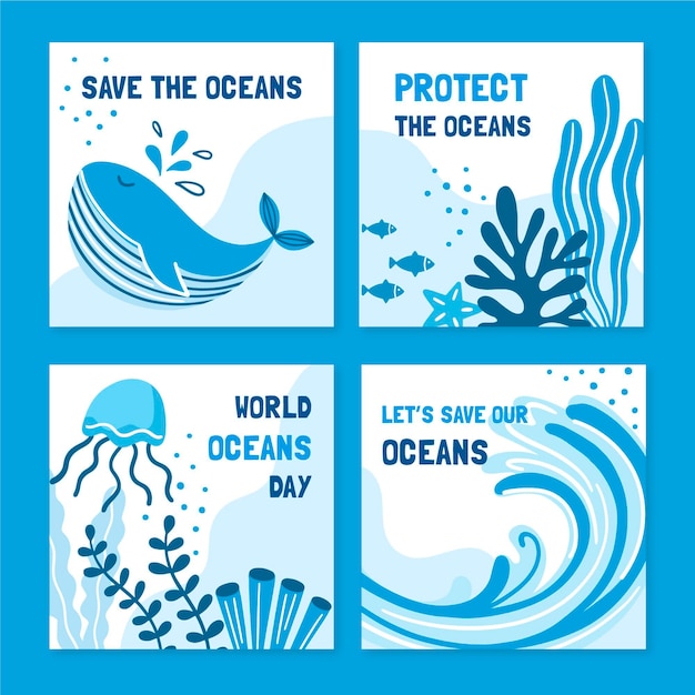 Hand drawn world oceans day instagram posts collection