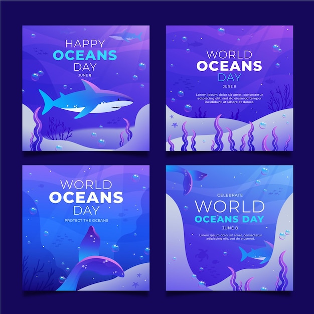 Raccolta di post di instagram di giornata mondiale degli oceani disegnata a mano