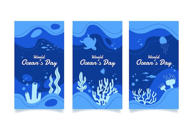 Raccolta di storie di instagram di giornata mondiale degli oceani disegnata a mano