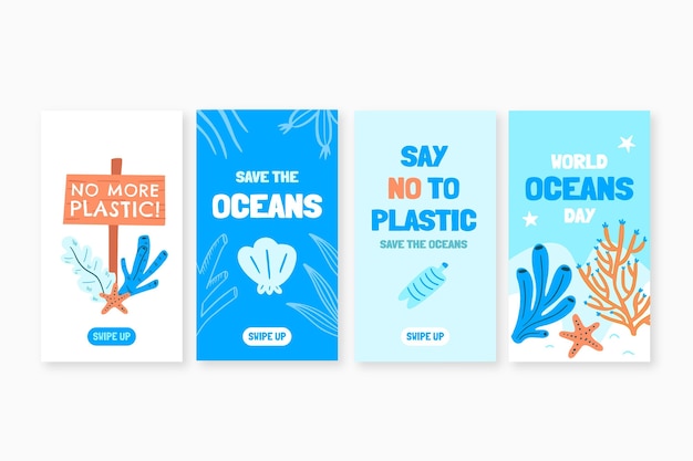 Free vector hand drawn world oceans day instagram stories collection