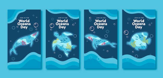 Hand drawn world oceans day instagram stories collection