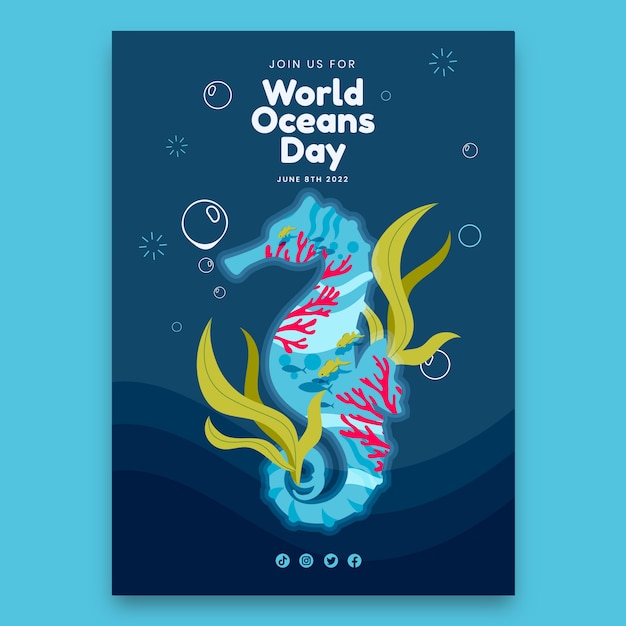 Modello di poster verticale per la giornata mondiale degli oceani disegnato a mano con cavalluccio marino