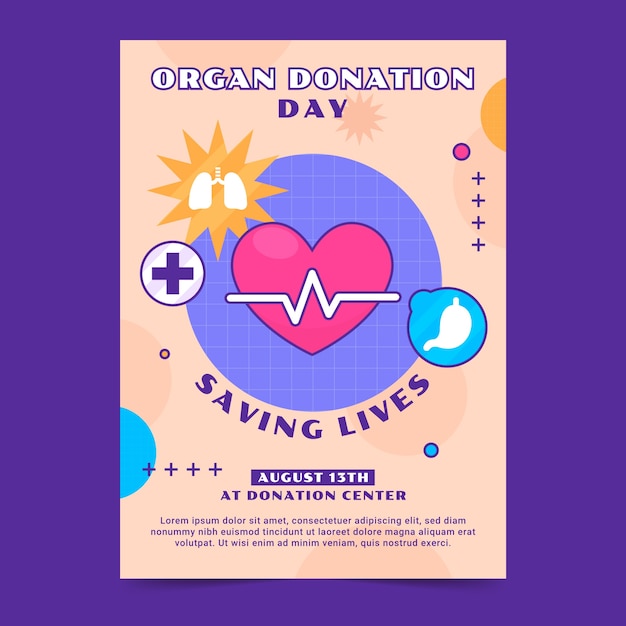 Vettore gratuito modello di poster verticale per la giornata mondiale della donazione di organi disegnata a mano