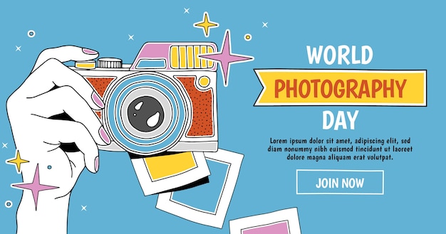 Hand drawn world photography day social media post template
