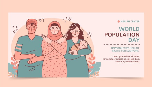 Modello di banner orizzontale per la giornata mondiale della popolazione disegnata a mano con madri e neonati