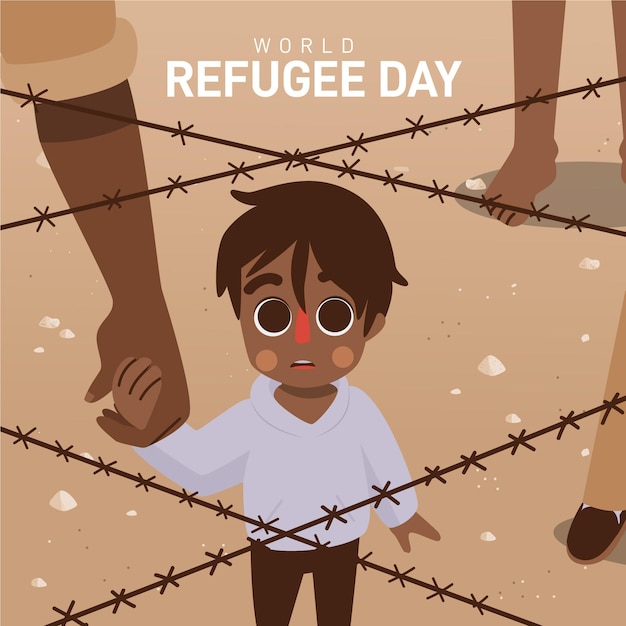 Hand drawn world refugee day with boy