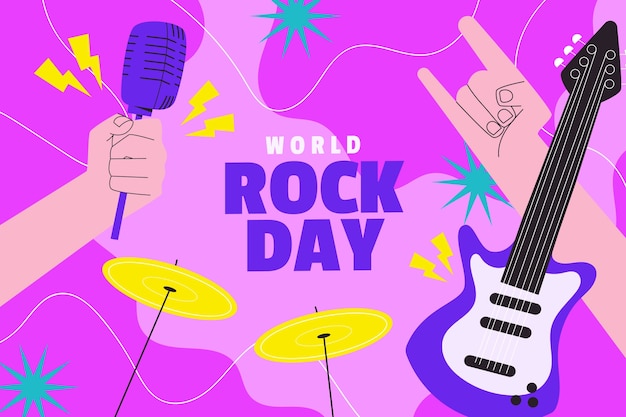 Hand drawn world rock day background with guitar