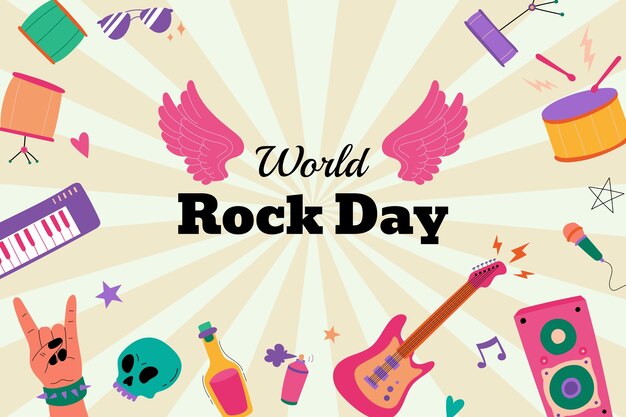 Hand drawn world rock day background with musical instruments