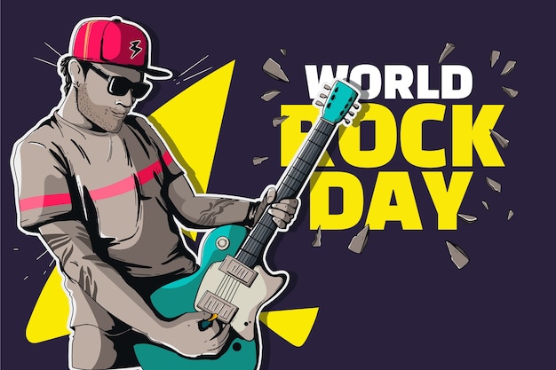Hand drawn world rock day background with musician playing guitar