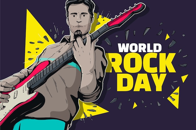 ギターを弾くミュージシャンと手描きの世界のロックデーの背景