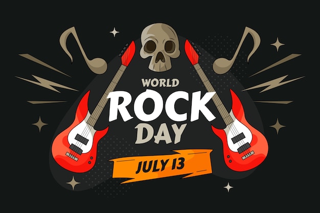 無料ベクター 頭蓋骨とギターと手描きの世界のロックの日の背景