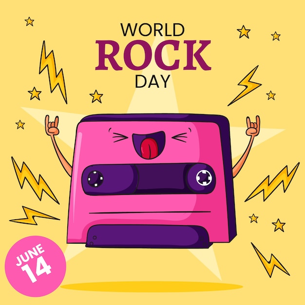 Нарисованная рукой иллюстрация всемирного дня рока с кассетой