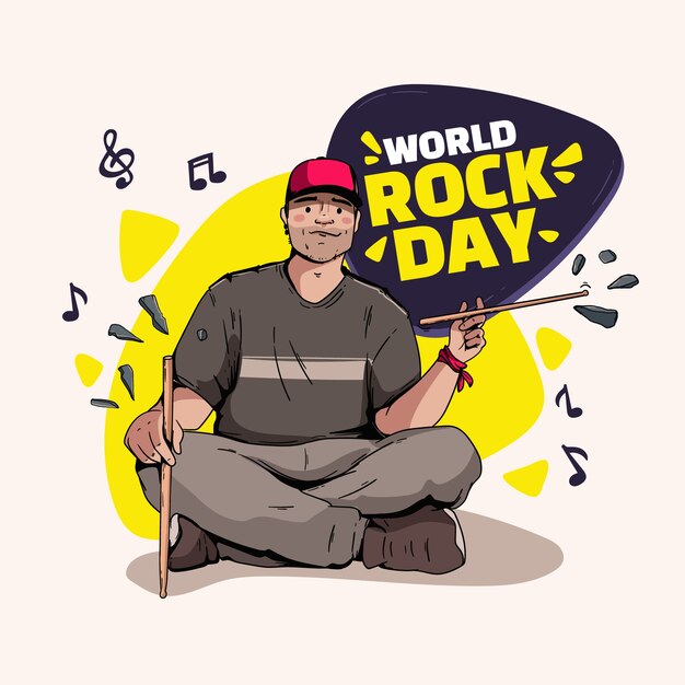 Vettore gratuito illustrazione della giornata mondiale del rock disegnata a mano con musicista maschio