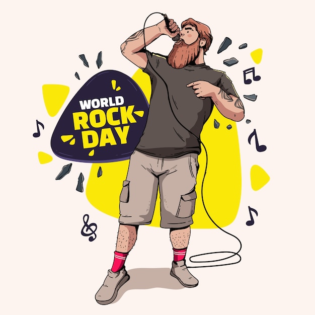 Hand drawn world rock day illustration with male musician