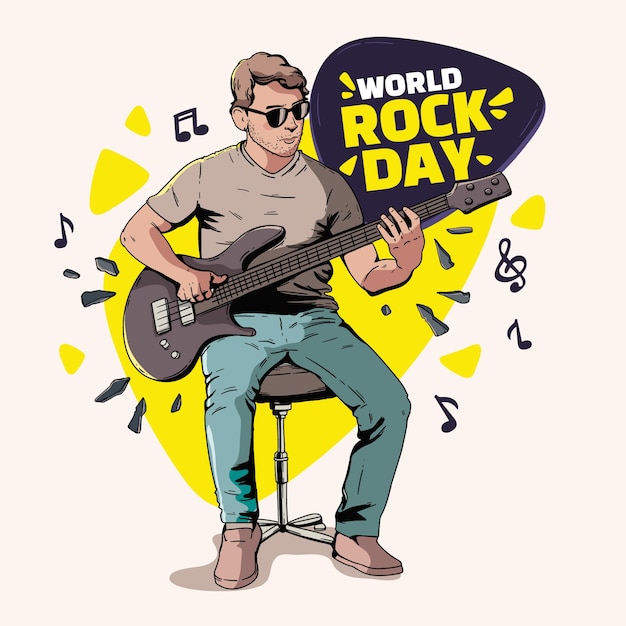 Hand drawn world rock day illustration with male musician