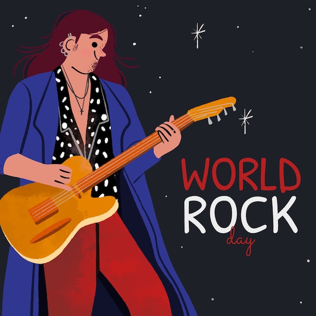 Vettore gratuito illustrazione disegnata a mano della giornata mondiale del rock con il musicista che tiene la chitarra