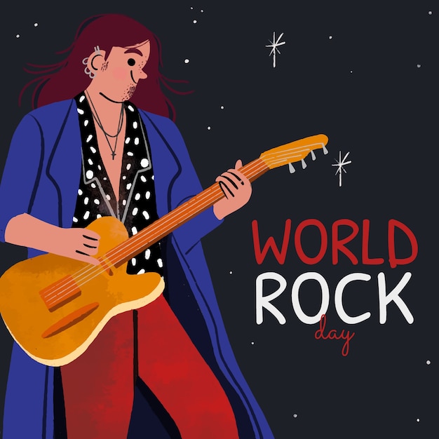 ギターを持っているミュージシャンと手描きの世界のロックデーのイラスト