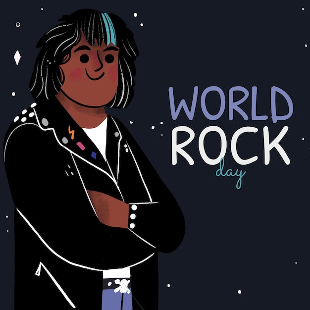 Vettore gratuito illustrazione disegnata a mano della giornata mondiale del rock con il musicista