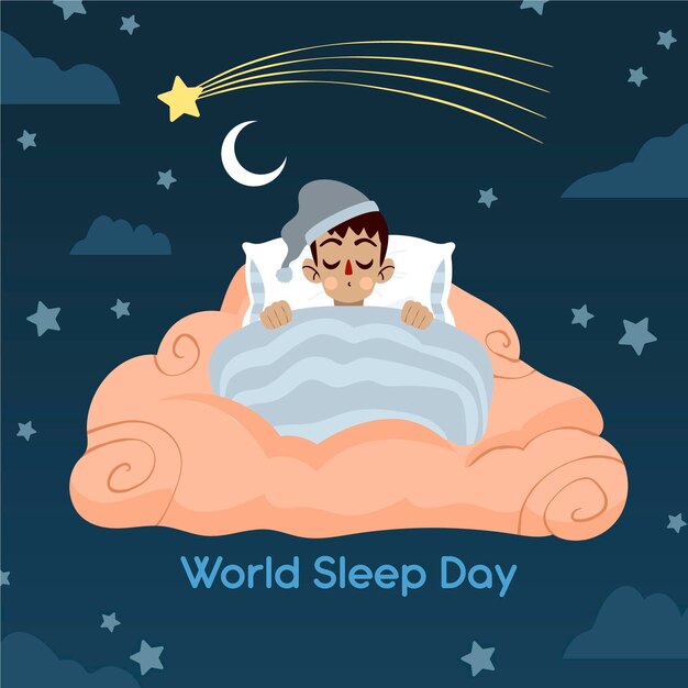 Hand-drawn world sleep day illustration with sleeping man in bed