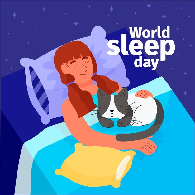 眠っている女性と猫と手描きの世界の睡眠の日のイラスト