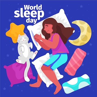 Illustrazione disegnata a mano della giornata mondiale del sonno con la donna addormentata e il gatto