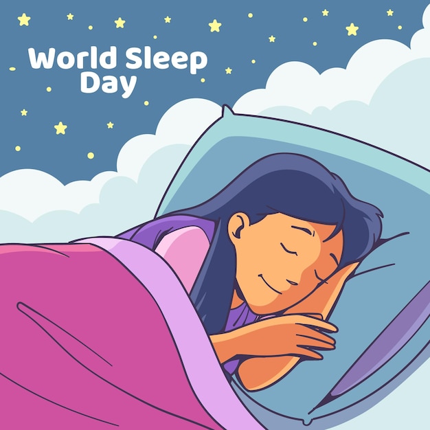 Бесплатное векторное изображение Ручной обращается всемирный день сна со спящей женщиной