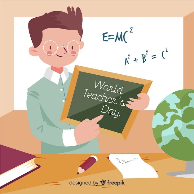 Hand drawn world teachers' day with man showing a chalkboard