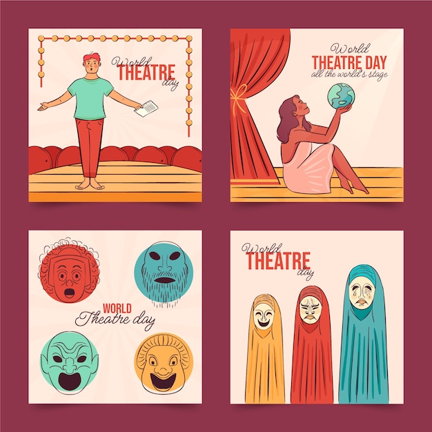 Collezione di post di instagram della giornata mondiale del teatro disegnata a mano