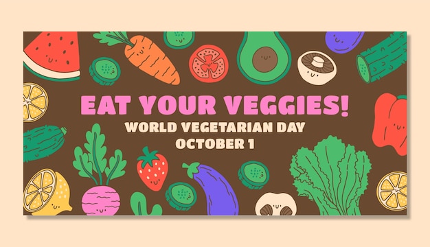 Modello di banner orizzontale per la giornata mondiale vegetariana disegnata a mano