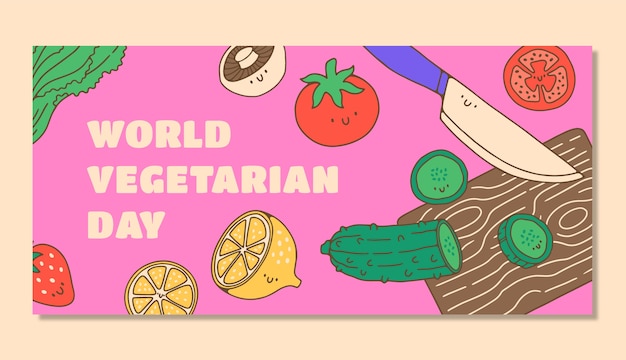 Бесплатное векторное изображение Нарисованный рукой шаблон горизонтального баннера всемирного дня вегетарианцев